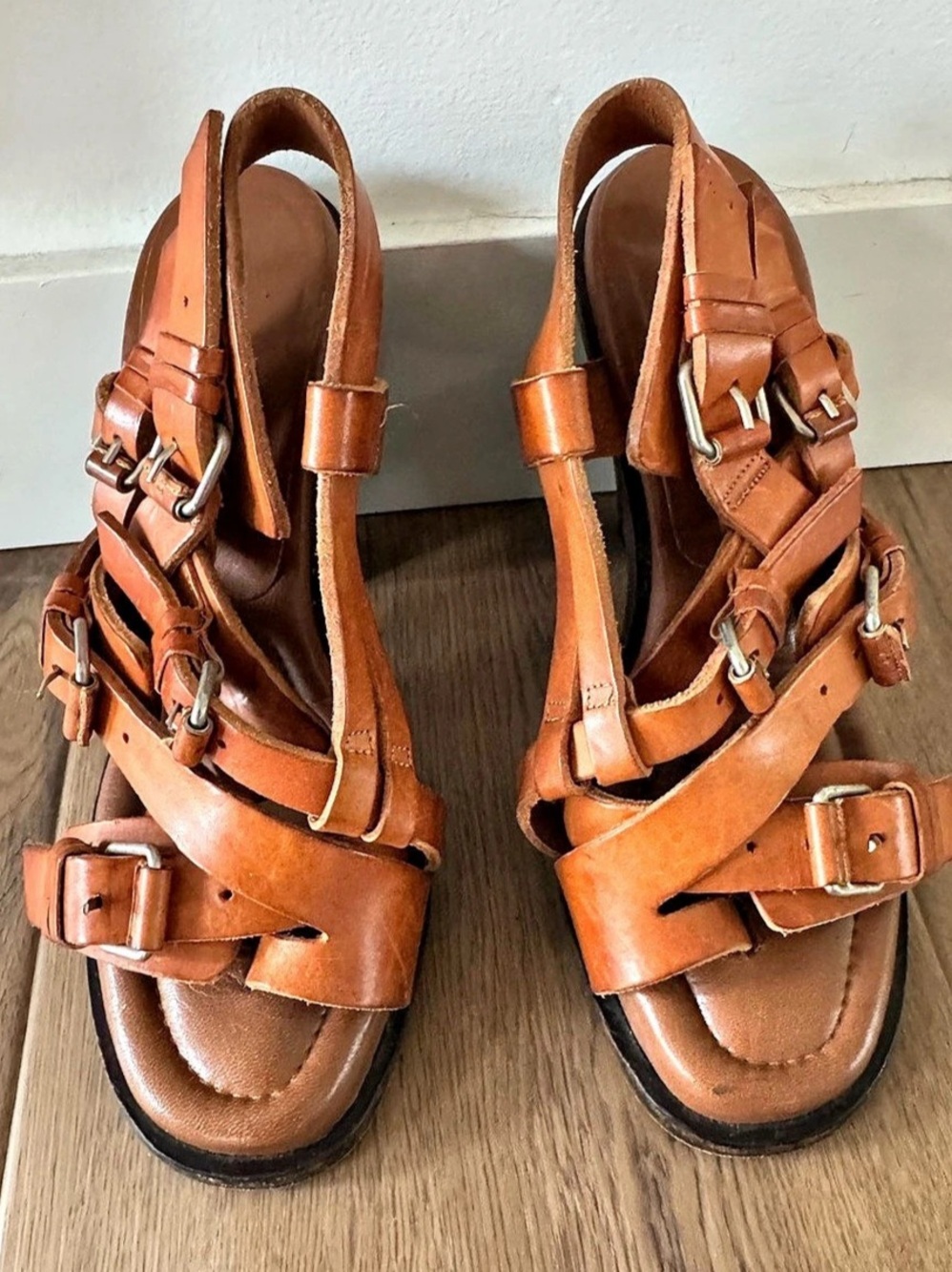 Balenciaga Cognac Leather Multi-Buckle Block Heel Sandals – EU 36.5